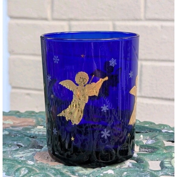 Culver Cobalt Blue Glass  with 22k Gold Cherubs Stars Vintage Retro Celestial - Picture 1 of 7